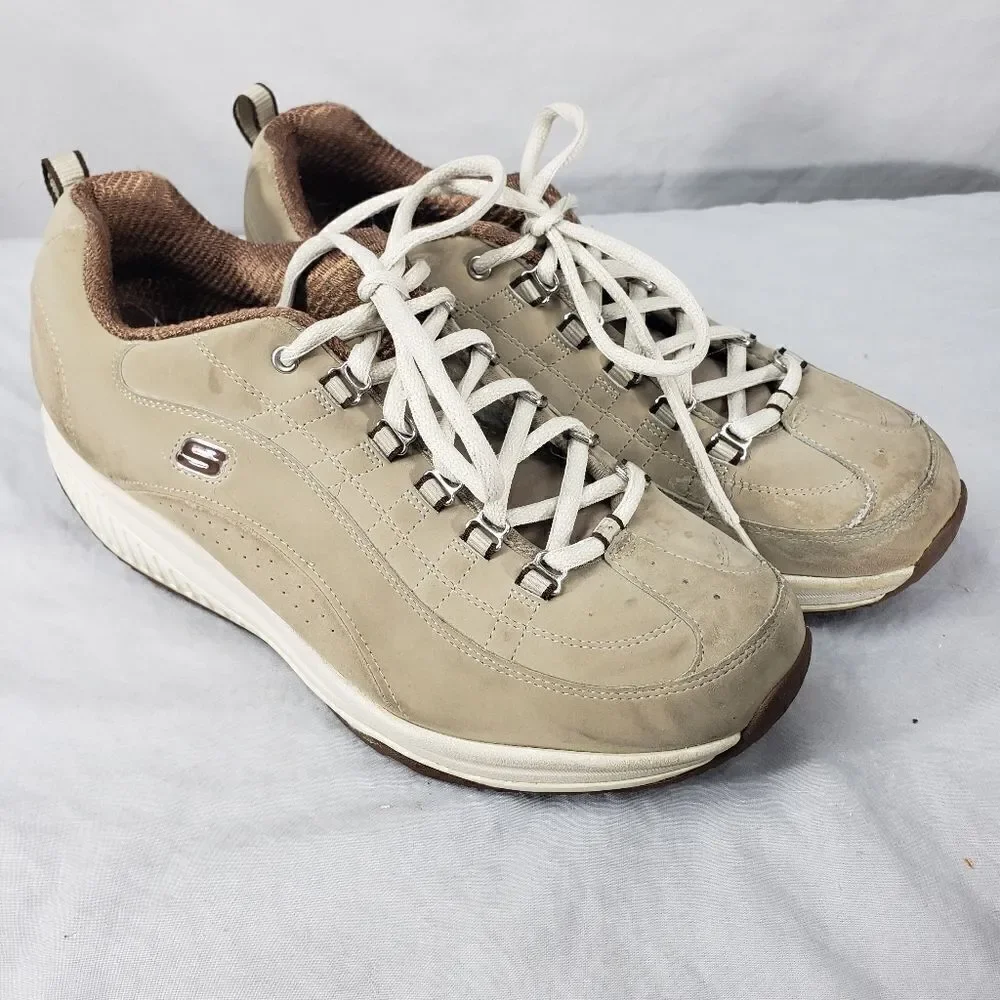 Skechers Size 10 Shape Ups Tan Beige Walking Toning Shoes Fitness F1 Suede